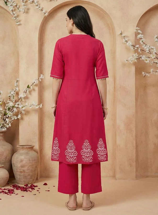 globus Red Mandarin Collar Embroidered Kurta with Wide Leg Pants Set